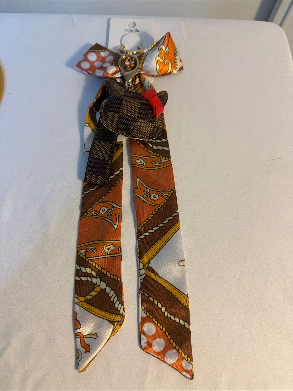 Abella Orange & Brown Patterned Bow Scarf Keychain